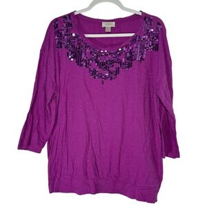 LOFT Magenta Purple Sequin Embellished Cotton Slub Knit Top‎ 3/4 Sleeve XL